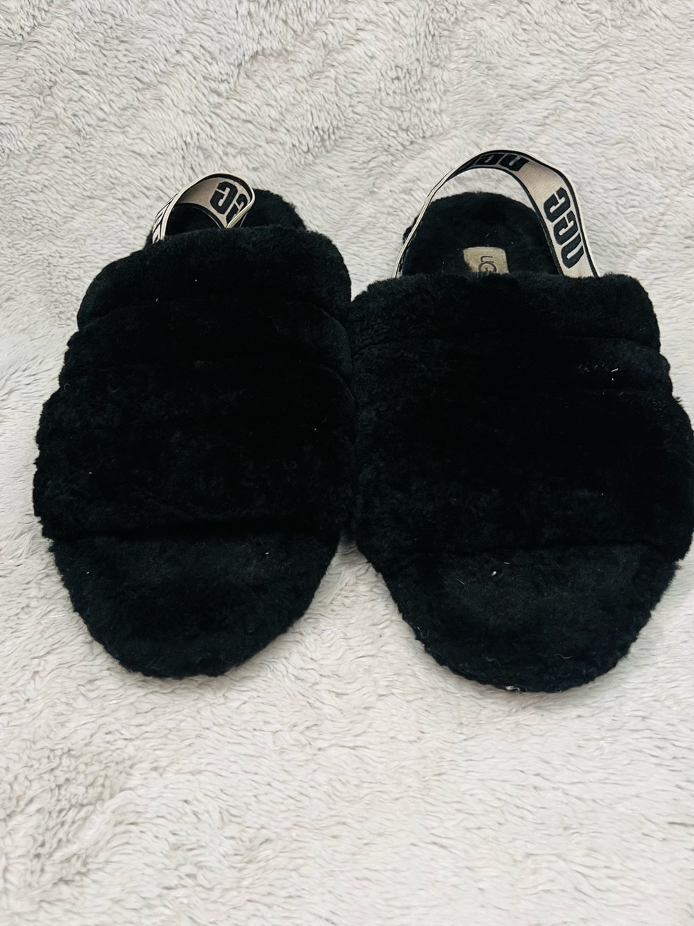UGG Black Plush Slide Slippers with Branded Heel Strap
